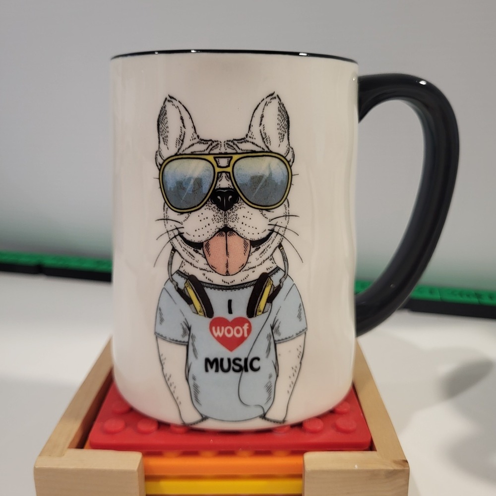 Signature Music Lover Hipster Dog Coffee Mug Tea Cup I Woof MUSIC